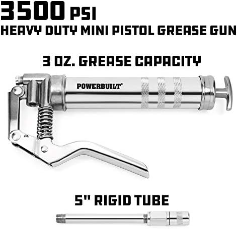 Powerbuilt Mini Pistol Grip Grease Gun with 6 Inch Extension Pipe Attaches at 0 or 90 Degrees, Push Button Air Bleeder Valve; Uses Standard 3 Ounce Cartridges - 648755