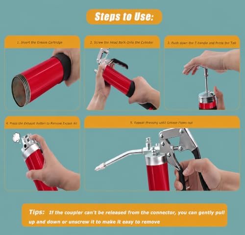 Grease Gun Kit with Quick Release Coupler,Professional 9000 PSI 14oz Heavy Duty. Leak-Proof Greese Gun with 1 Spring Flex Hose,2 Hose,1 Sharp Nozzle,1 Lock Coupler,1 Rigid Pipe