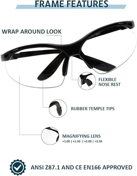 Full Lens Magnifying Safety Reading Glasses, Black Frame, Clear Lens