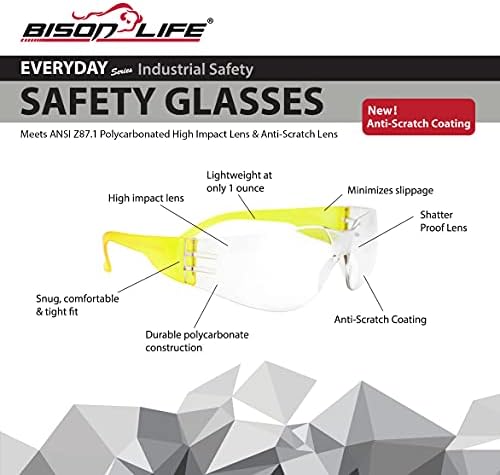 BISON LIFE Clear/Yellow Safety Glasses for Men & Women, ANSI Z87.1, 12 Pack