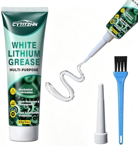 White Lithium Grease with Brush, Multi‑Purpose Waterproof Anti‑Rust Lubricant for Hinges, Bearings, Gears, Track Rail, Garage Door, Long‑Lasting, Automotive, Marine, Industrial & Household, 3oz/85g