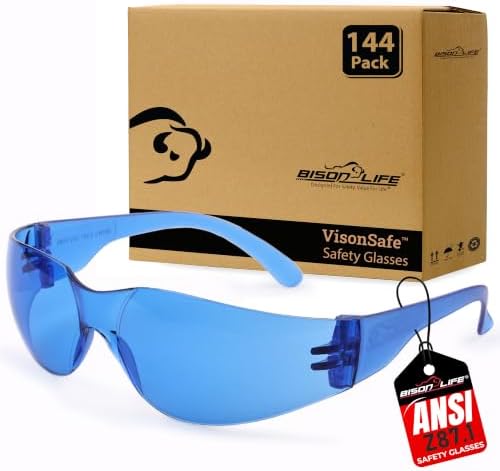 BISON LIFE Blue Safety Glasses for Men & Women, Bulk, ANSI Z87.1, 144 Pack