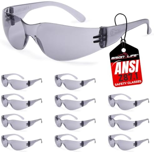 BISON LIFE Gray Safety Glasses for Men & Women, Bulk, ANSI Z87.1, 12 Pack