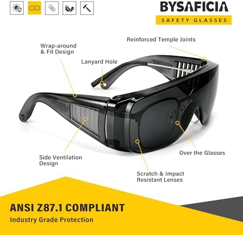 6 Pack Tinted Safety Glasses Over Eyeglasses, Anti-Scratch Impact Resistant Protective Eyewear for Men Women, ANSI Z87.1 Safety Goggles for Construction, Lab, Work