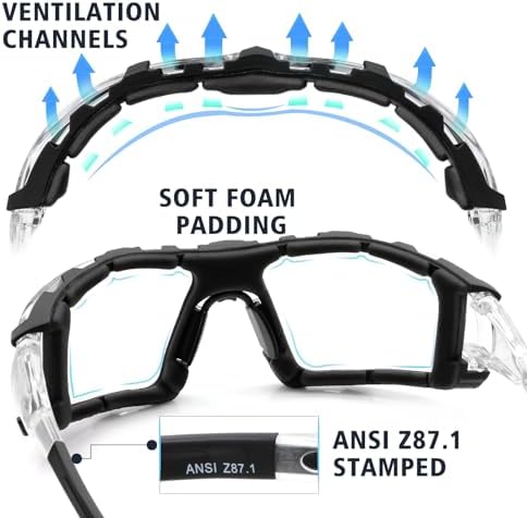UKNOW Safety Glasses - Anti Fog Wraparound Lenses - Removable Foam Gasket - ANSI Z87.1 Protective Eyewear - Impact Resistant