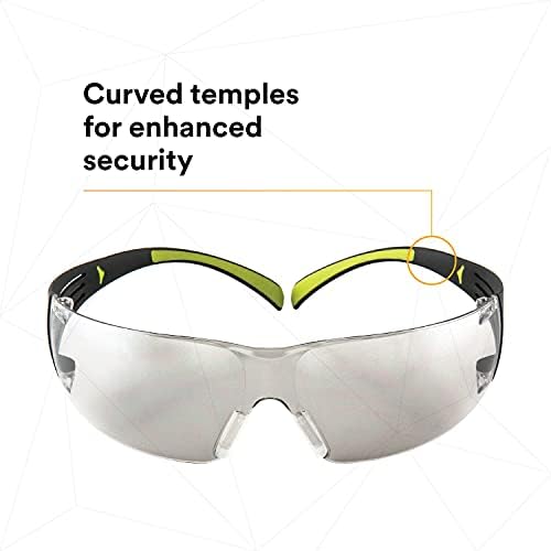 3M Safety Glasses, SecureFit, (I/O) Mirror Lens, Green/Black Frame