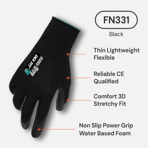 DEX FIT Premium Work Gloves FN331, Thin Nitrile Grip, Black, M, 3 Pairs