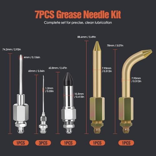 TRILINK Grease Gun Needle Tip Kit – 7PCS Grease Gun Accessory Set with 3 Grease Injector Needle, Grease Needle Dispenser, Rubber Joint Fitting, Bent & Straight Adapter for Bearings & Tight Spaces