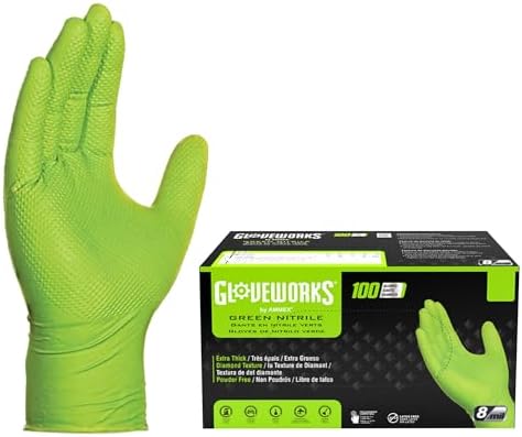 GLOVEWORKS HD Green Nitrile Industrial Disposable Gloves, 8 Mil, Latex-Free, Raised Diamond Texture, Large, Box of 100