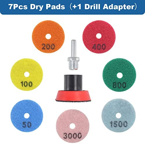 2 Inch Diamond Polishing Pads with 7Pcs Dry Wet Granite Stone Polish Pad Kit for Drill，50-3000 Grit Polishing Pad (7Pcs Dry Pads+1 Drill Adapter)