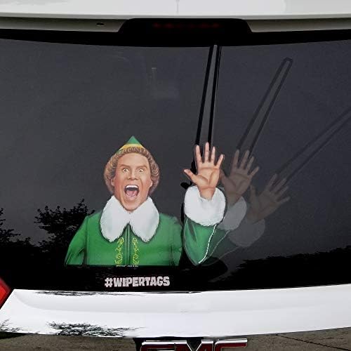Jolly Elf Waving Arm Wiper Blade Decal for Christmas and Winter. WiperTags Attach to Rear Vehicle Wiper Blades and Waves When the Wiper is Turned on. Made in USA.