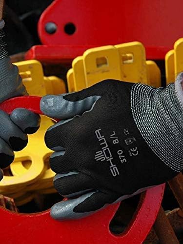 SHOWA Atlas 370 Nitrile Palm Work Gloves, Black, Medium, 12-Pack