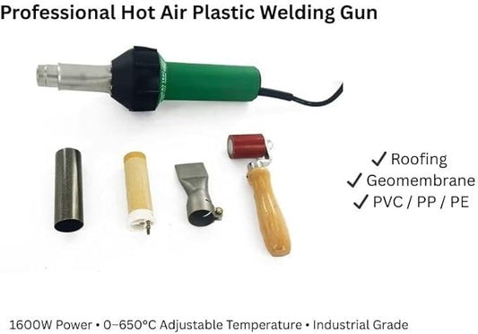 110V 1600W Hot Air Plastic Welding Gun Kit – Variable Temp 0–650°C Heat Gun, Roofing & Hot Air Plastic Welder with Nozzles and Silicone Roller