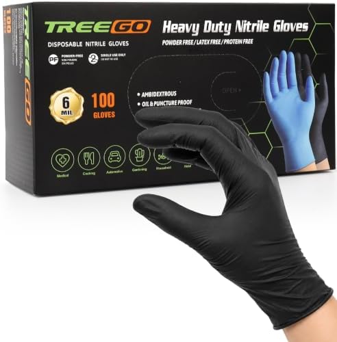 TREEGO Black Nitrile Disposable Gloves, Medium, 6 Mil, 100 Count