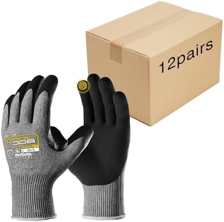 COOLJOB ANSI A7 Cut Resistant Gloves - 1/3/12 Pairs, Nitrile Rubber Dipped Safety Work Gloves with Reinforced Thumb, Non Slip, Breathable, Touchscreen, for Fishing, Gardening, Grey Xlarge