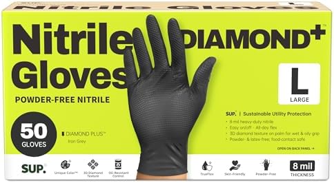 SUPER+ HEAVY DUTY Nitrile Gloves 8 Mil Diamond Texture Disposable Chemical Resistant Powder &Latex Free Food Safe Black 50 Ct