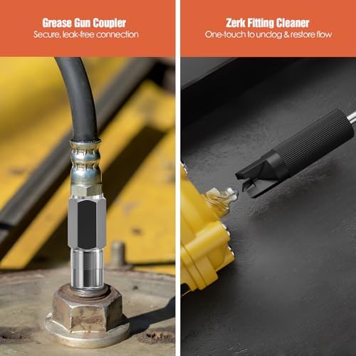 TRILINK Grease Gun Coupler Kit – 8PCS Grease Gun Accessory Set with Quick Release Coupler, 90° Adapter, 12” Flexible Hose, Grease Gun Nozzle, Narrow Needle Nozzle, 2 Injector Needle Tips & Cleaner