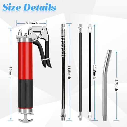 Car Grease Gun, 6000PSI Heavy-Duty Vehicle Pistol Grip Grease Gun Tool Kit, Greasing Kit with 12" Flex Reinforced Hose & Basic Couplers Extension Rigid Pipe, Universal Fit (Red)