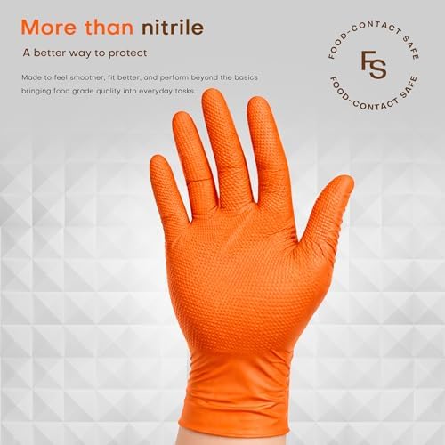 SUPER+ HEAVY DUTY Nitrile Gloves 8 Mil Diamond Texture Disposable Chemical Resistant Powder &Latex Free Food Safe Orange 50Ct