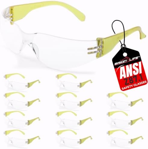 BISON LIFE Clear/Yellow Safety Glasses for Men & Women, ANSI Z87.1, 12 Pack