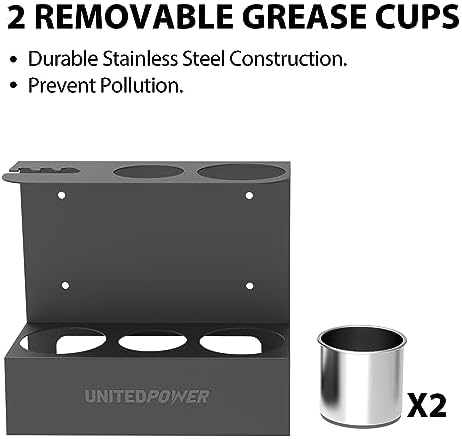 UNITEDPOWER Grease Gun Holder, Wall Mount Grease Gun Storage Rack, Organizer for Workshop, Shop, Garage with Removable Drip Cups & Spare Cartridge Holder