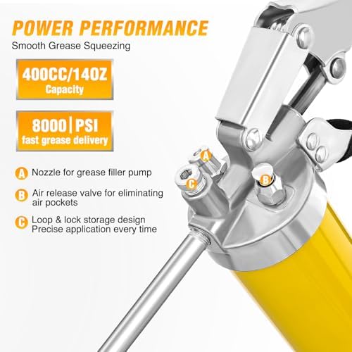 GOOACC Grease Gun Heavy Duty Pistol Grip Grease Gun Kit with Quick Release Coupler 18" Spring Flex Hose Needle Nozzle Rigid Pipe, 8000PSI 14oz Grease Guns Tool for Automotive Farm Industrial Equipment