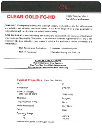 TTL Clear Gold FG-HD High Temp Food Grade Grease Cartridge, 14.5 oz – NSF H1 Synthetic Lubricant for Bearings, Glue Pots, Pharmaceutical Equipment – Non-Melt, Rust Resistant