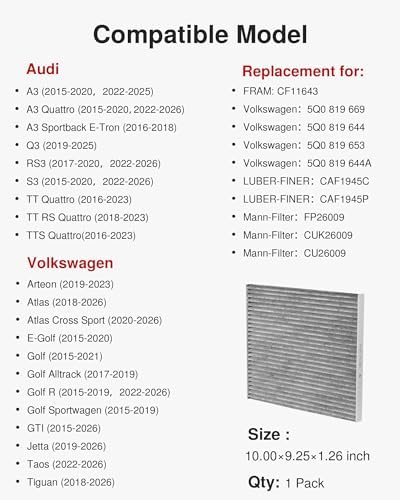 Puroma Cabin Air Filter Activated Carbon for CF11643 Audi Volkswagen Atlas