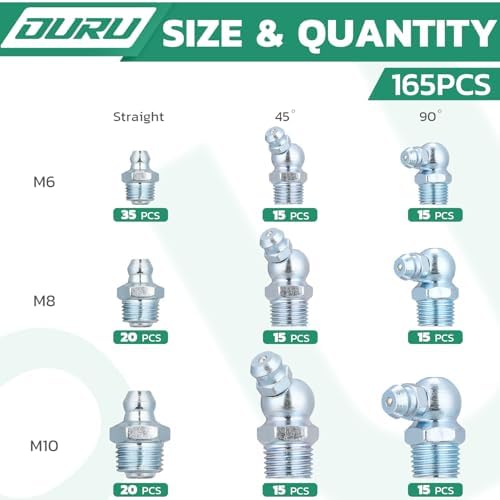 OURU 165PCS Grease Fittings Assortment Kit, Metric with Wrench Kit