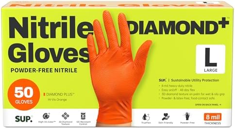 SUPER+ HEAVY DUTY Nitrile Gloves 8 Mil Diamond Texture Disposable Chemical Resistant Powder &Latex Free Food Safe Orange 50Ct