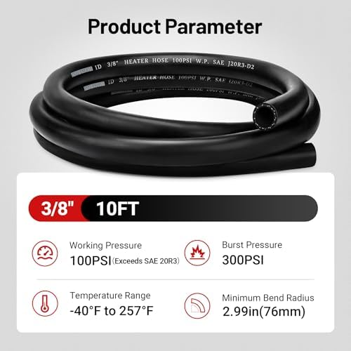 EVIL ENERGY 3/8" Heater Hose 10FT Coolant Radiator Hose With 10PCS Clamps Straight 100PSI SAE 20R3 Black