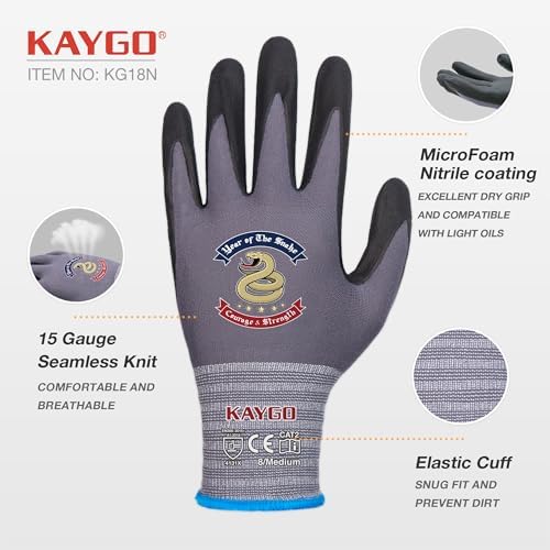 KAYGO Safety Work Gloves, MicroFoam Nitrile Coated, Men Women,KG18N
