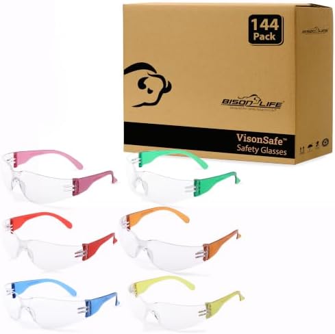 BISON LIFE Clear/Color Safety Glasses for Men & Women, ANSI Z87.1,144 Pack