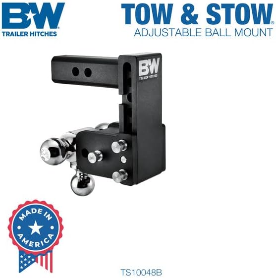 B&W Trailer Hitches Tow & Stow Adjustable Trailer Hitch Ball Mount - Fits 2" Receiver, Tri-Ball (1-7/8" x 2" x 2-5/16"), 5" Drop, 10,000 GTW - TS10048B