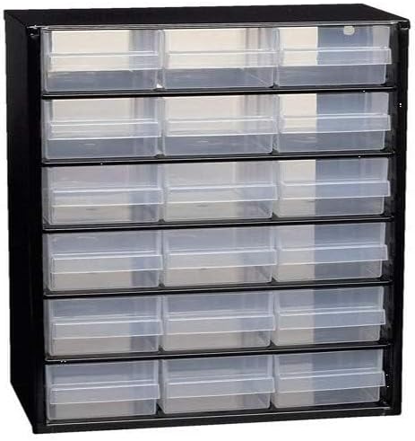 Raaco Steel Storage Cabinet, Standard 18-Drawer, Clear Polypropylene Plastic Drawer – Small Parts Organizer, Screws, Nuts & Bolts, Crafts & Hardware – Tool Cabinet for Workbench & Wall Storage (C9-18)