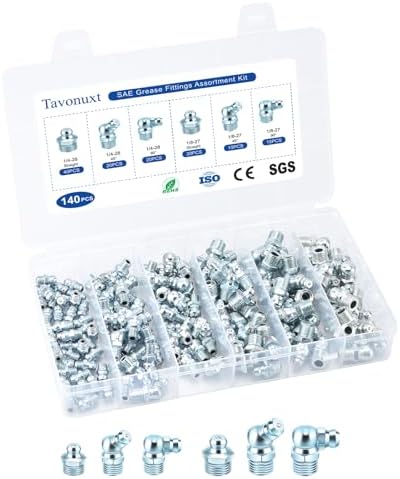 140 PCS SAE Grease Fittings Kit - Hydraulic Zerk Assortment 1/4" 1/8" with Straight, 45°, and 90° Degree Heads for Automotive and Industrial Use, Galvanized Steel Set