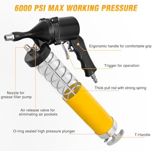 GOOACC Pneumatic Grease Gun 6000 PSI 14oz Heavy Duty Air Operated Grease Gun Kit with 18" Spring Flex Hose Rigid Pipe Coupler Pistol Grip Grease Guns for Automotive Farm Industrial Marine, Yellow 6PCS