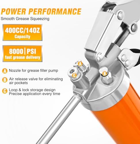 GOOACC Grease Gun 8000 PSI Heavy Duty 14oz Pistol Grip Grease Gun Kit with 18" Spring Flex Hose Sharp Type Nozzle Normal Coupler Rigid Pipe Manual Grease Guns for Greasing Automotive Marine, Orange