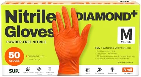 SUPER+ HEAVY DUTY Nitrile Gloves 8 Mil Diamond Texture Disposable Chemical Resistant Powder &Latex Free Food Safe Orange 50Ct