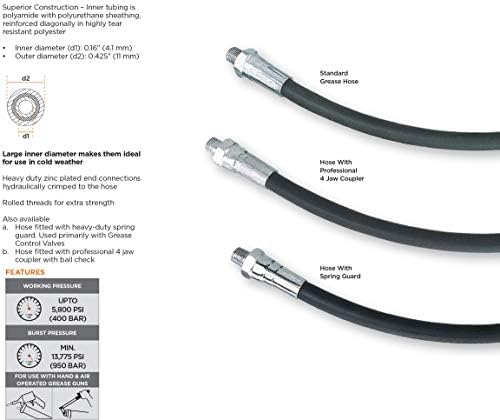 PROLUBE 12-inch Heavy Duty Grease Gun Hose with 4-Jaw Coupler| 1/8” NPT Thread | for use with Hand Operated Grease Guns | 5,800 PSI Working Pressure (43750)