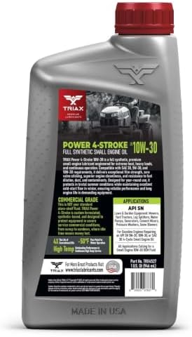 TRIAX Power 4-Stroke 10W-30 Full Synthetic 4-Cycle Small Engine Motor Oil | For Lawnmower, Generator, Tractor, Log Splitter, Snow Blower, Pressure Washer, Cement Mixer, and More (1 Quart)