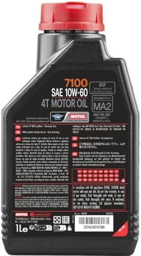 Motul 7100 4T 10W-60 100% Synthetic Ester Motorcycle Oil - JASO MA2 API SP Wet Clutch Compatible for Indian Moto Guzzi MV Agusta High-Performance Engines - 1L