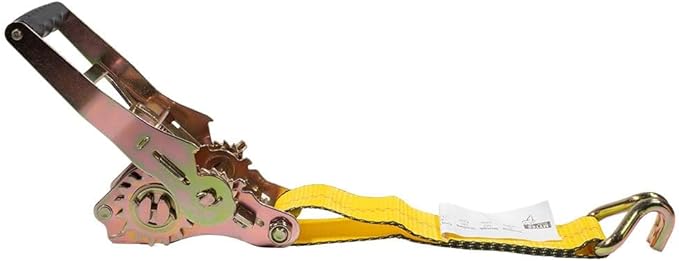 Mytee Products 2" x27' Self-Tensioning Ratchet Strap with J Hooks - 10,000 lbs BS - Heavy Duty Tie Down Large Bar Handle and Cargo Straps with Wire Hooks for Flatbed, Trucks, Pickup - Yellow