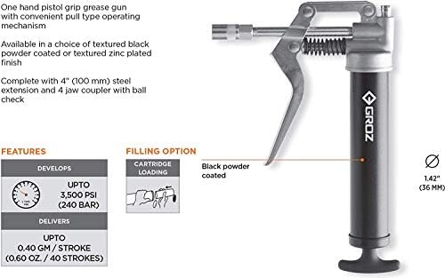 PROLUBE Mini Pistol Grip Grease Gun | 3-Ounce Capacity | 3,500 PSI | 4-inch Steel Extension & Coupler | Powder Coated Finish | 1/8” NPT Threads (43252)