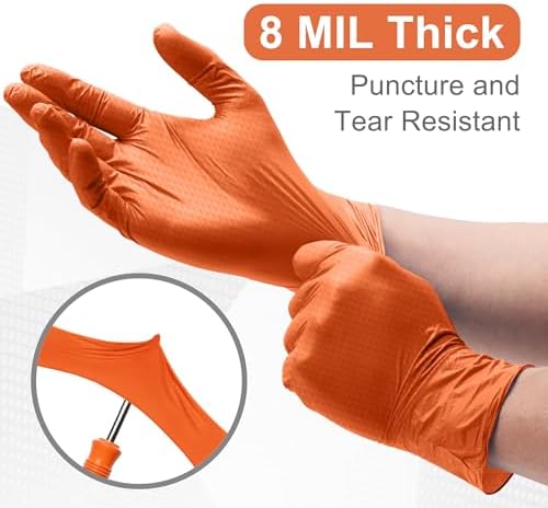 WECARE 8 Mil Nitrile Gloves - Heavy Duty Mechanic Gloves, with Diamond Grip - Powder and Latex Free Disposable Gloves