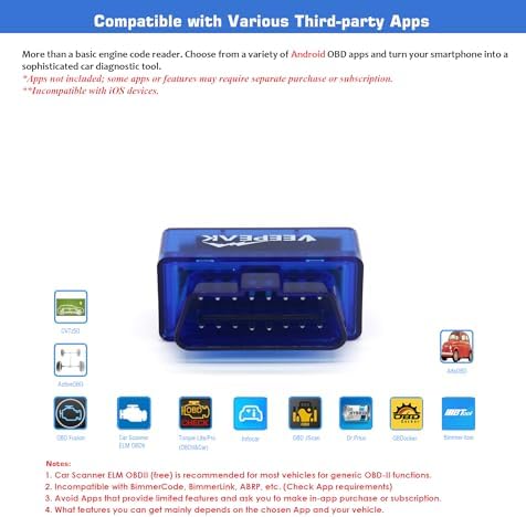 Veepeak Mini Bluetooth OBD2 Scanner Code Reader for Android (NOT for iOS)