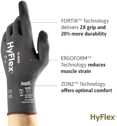 Ansell HyFlex 11-840 Foam Nitrile Coated Work Gloves, Size M, 12 Pairs