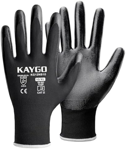 KAYGO Work Gloves for Men and Women, Black Nitrile Coated,KG12N,12Pairs