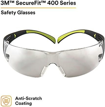 3M Safety Glasses, SecureFit, (I/O) Mirror Lens, Green/Black Frame