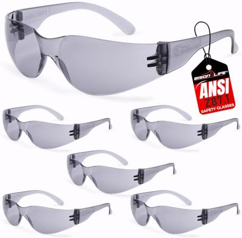 BISON LIFE Gray Safety Glasses for Men & Women, ANSI Z87.1, 6 Pack